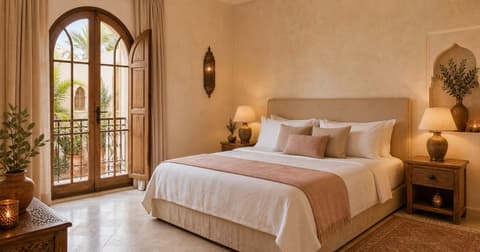 Chambre Sanhaja avec lit double et fenêtre arquée